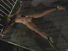 Devote Blondine im Garten gefesselt und befriedigt